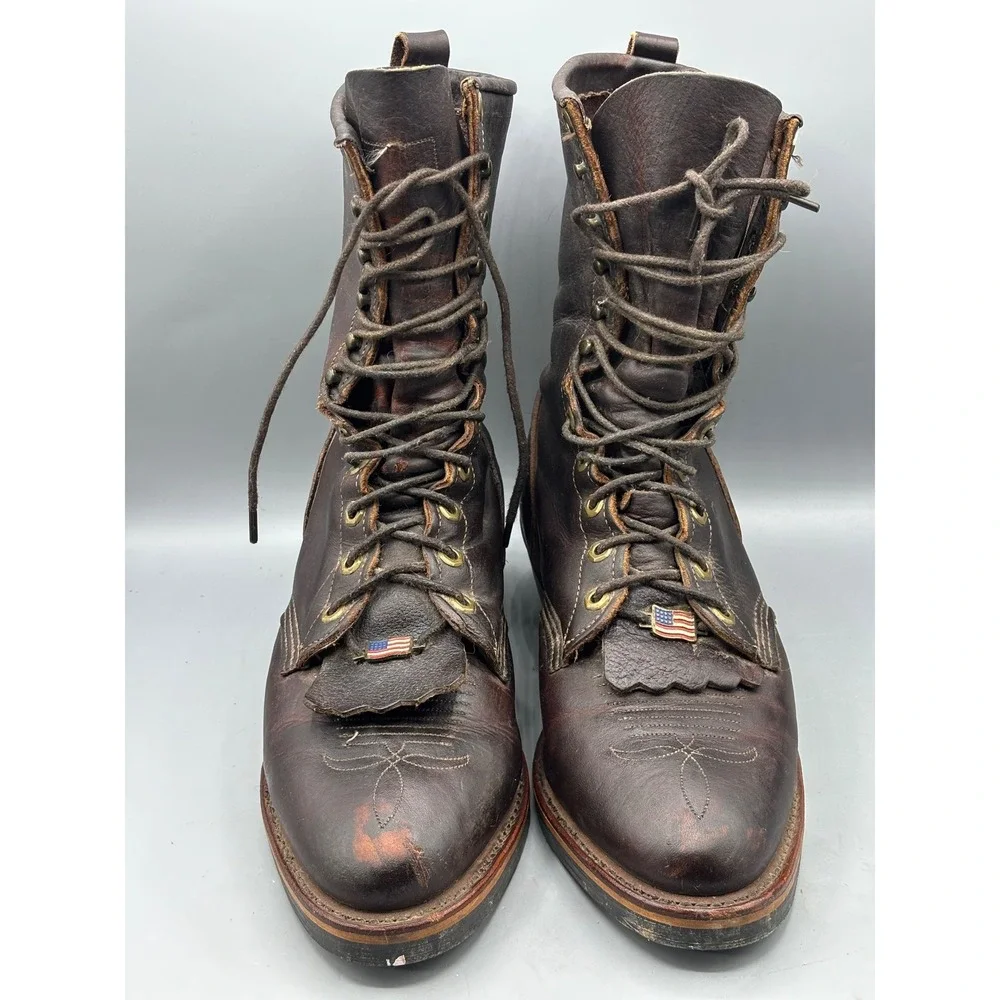 Chippewa Mens Brown Leather Kiltie Logger Boots USA Made 29416 Size 9.5
